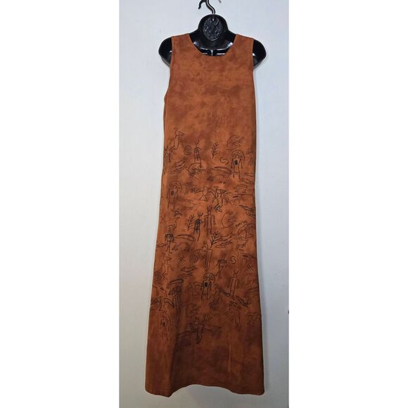Vintage Mary Dee Fun To Wear Dress Size 1 Maxi Drawings Brown Sleeveless Boho - Picture 4 of 8